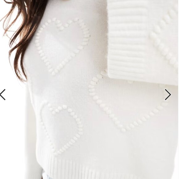 Miss Selfridge textured heart detail slash neck wide sleeve sweater in cream - Picture 3 of 3